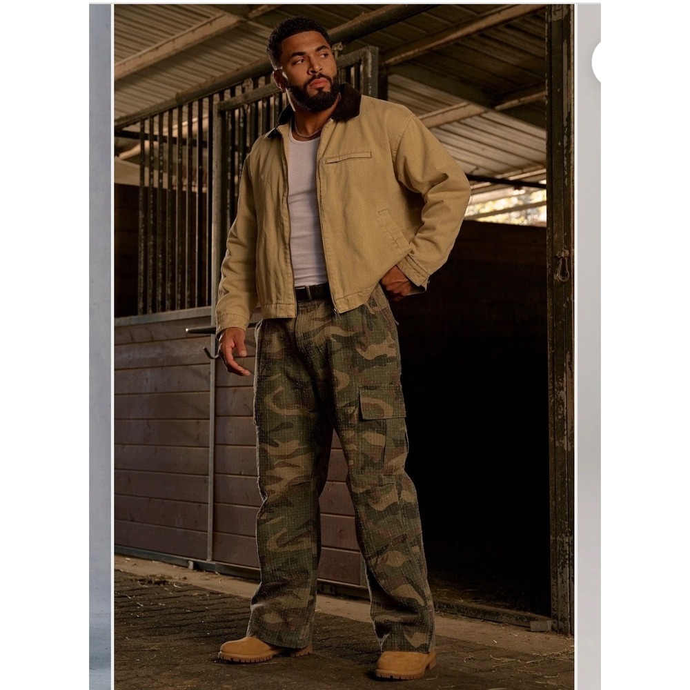 E1 YoungLA Camo Cargo Pants Textured Woven Straight Leg Streetwear Green Brown